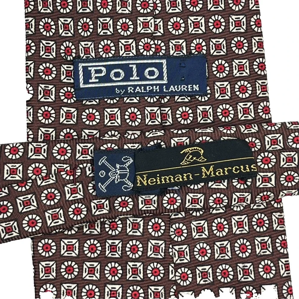 Polo Ralph Lauren Silk Men's Necktie Brown Red Geometric‎ Medallions 55